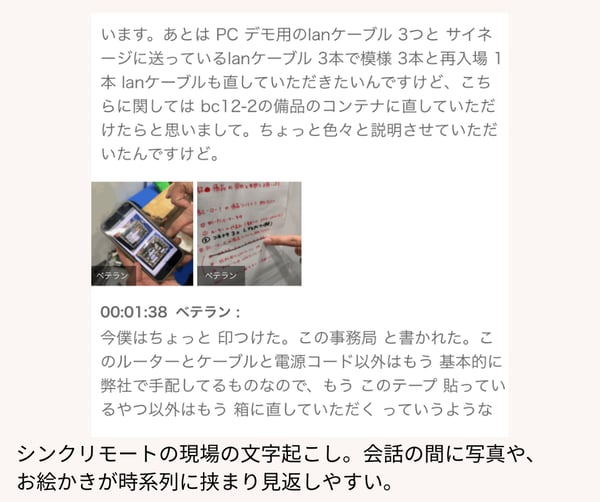 シンクリモートの現場の文字起こし。会話の間に写真・お絵かきが時系列に挟まり見返しやすい。