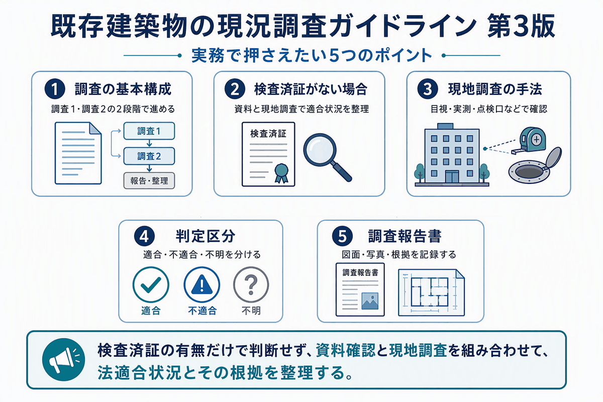 既存建築物の現況調査ガイドライン第3版で実務上押さえたい5つのポイントの図解