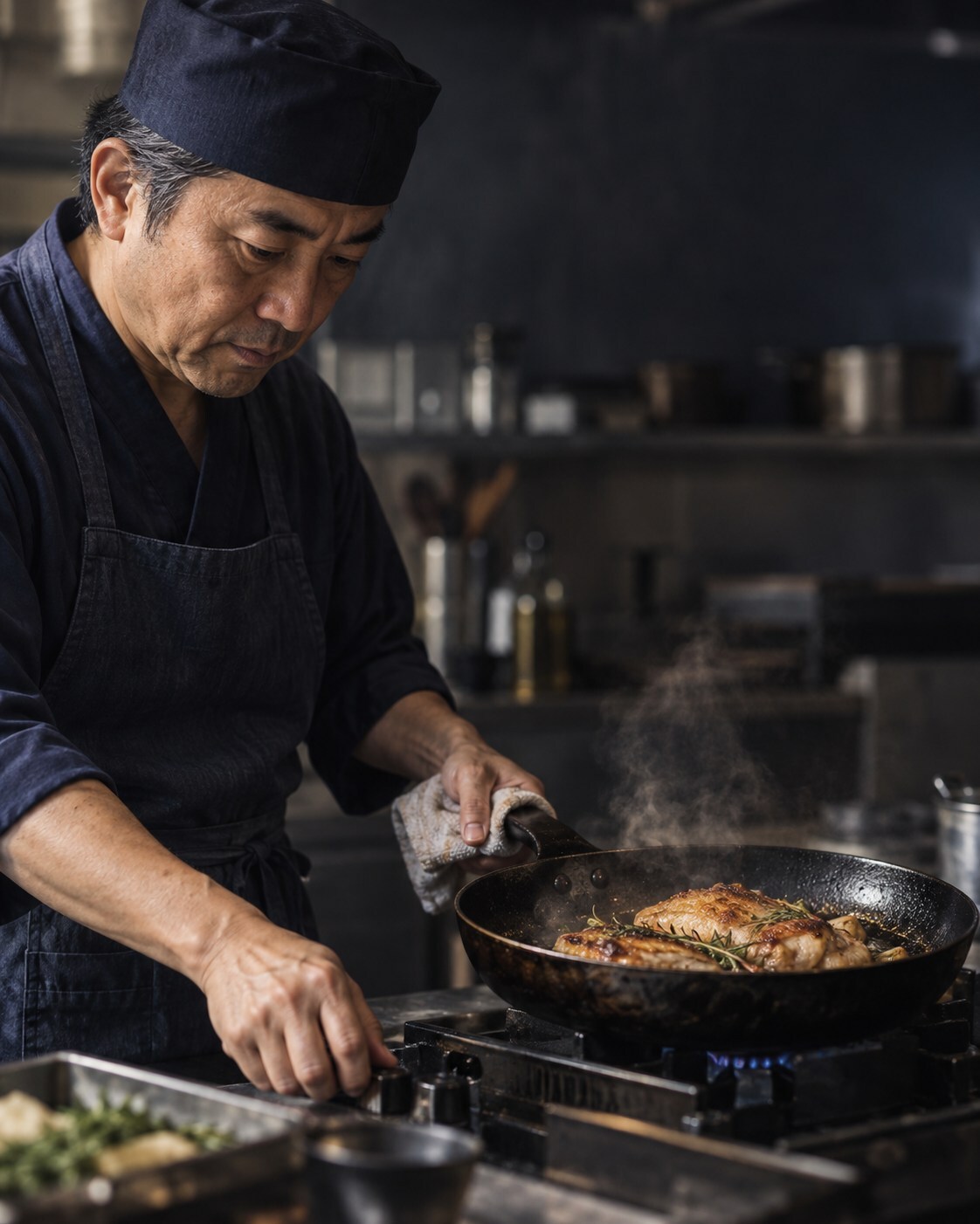 焼き色を見て火加減を調整する料理人